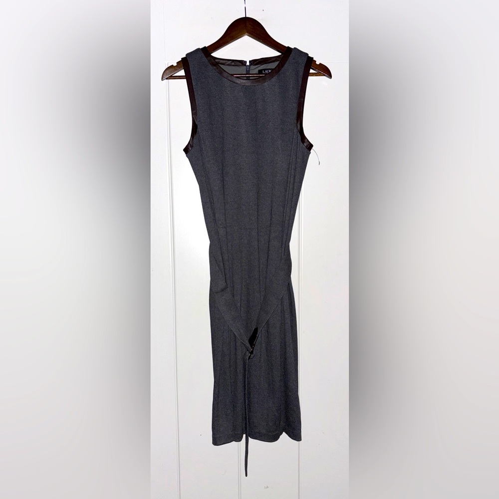 Lauren Ralph Lauren Women Faux-Leather‎ Trim Belted Jacquard Dress NEW L Preppy
